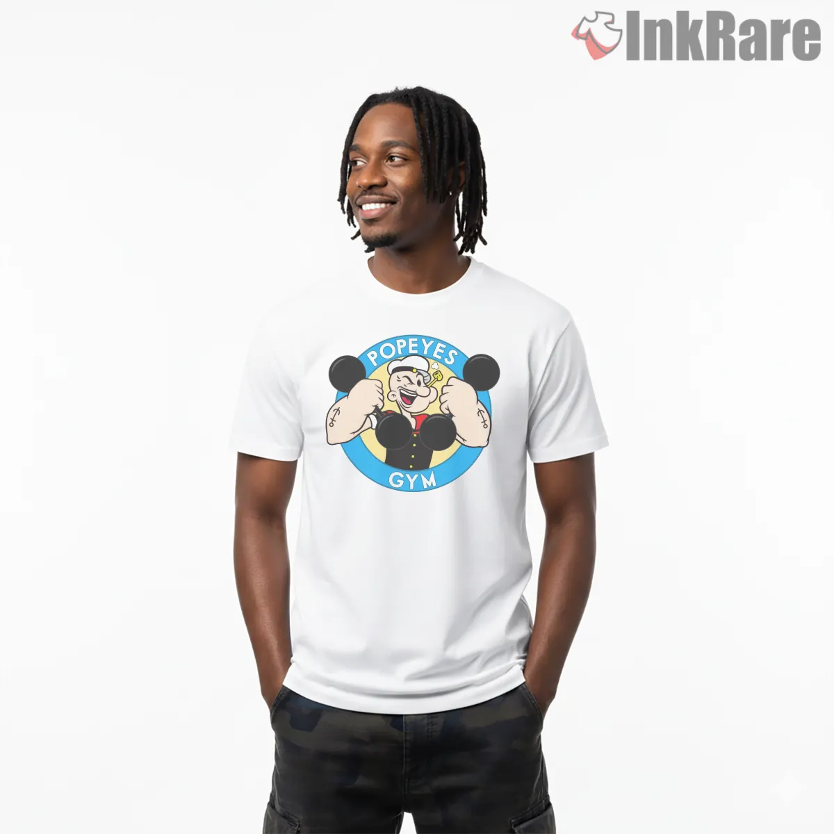 Popeyes Gym Cartoon Strength Badge Short Sleeve White Popeyes Gym Cartoon Strength Badge Shirt on white short sleeve shirt for men graphic tee