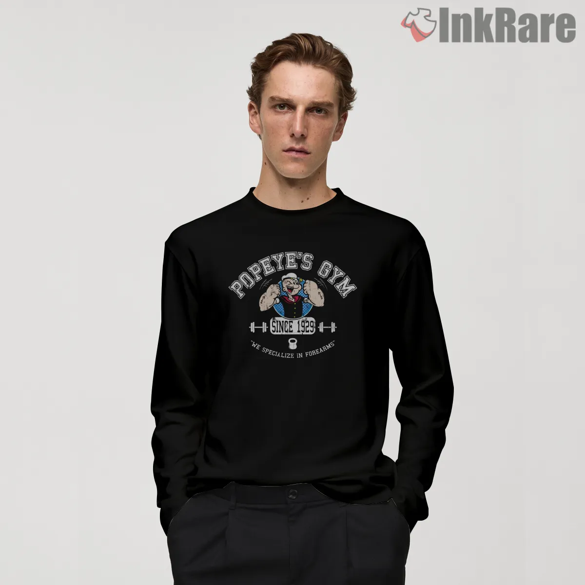 Popeyes Gym Forearm Training Club Shirt on black long sleeve shirt for men graphic tee