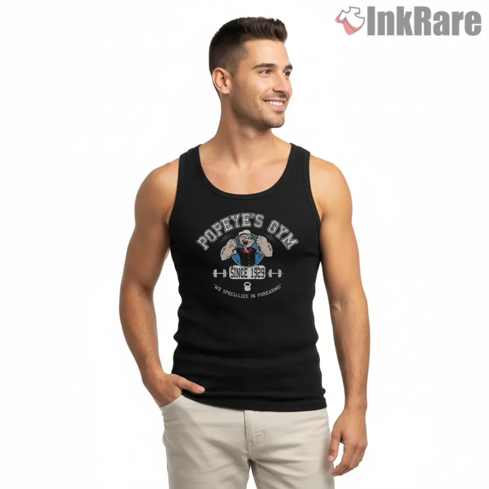 Popeyes Gym Forearm Training Club Shirt on black tank top for men graphic tee