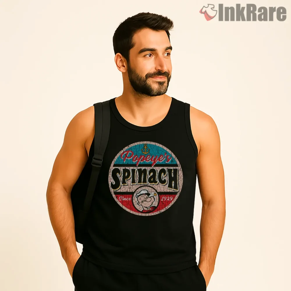 Popeyes Spinach Cracked Can Label Shirt on black tank top for men graphic tee