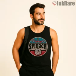 Popeyes Spinach Cracked Can Label Shirt on black tank top for men graphic tee