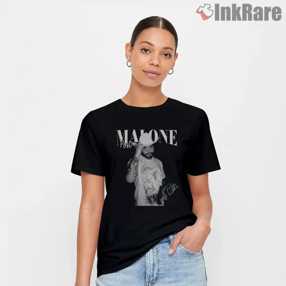 Post Malone 90s Rap Portrait Vintage Music Shirt on black short sleeve shirt for women graphic tee