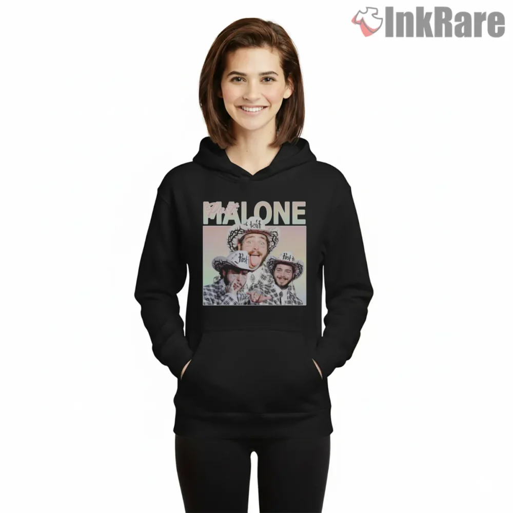 Post Malone Aesthetic Checkered 80s Collage Shirt on black hoodie for women graphic tee