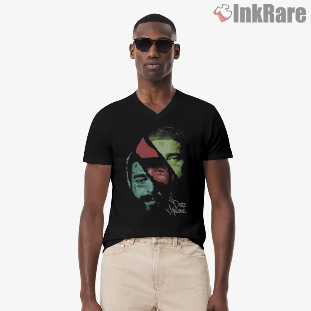 Post Malone Alternative Retro Split Portrait Art Shirt on black v-neck shirt for men graphic tee