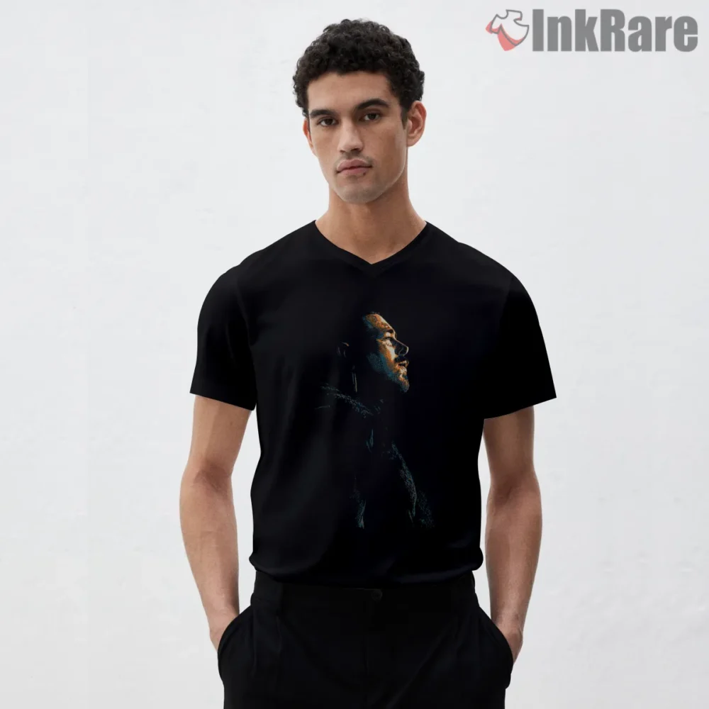 Post Malone Blue Spotlight Live Portrait Shirt on black v-neck shirt for men graphic tee