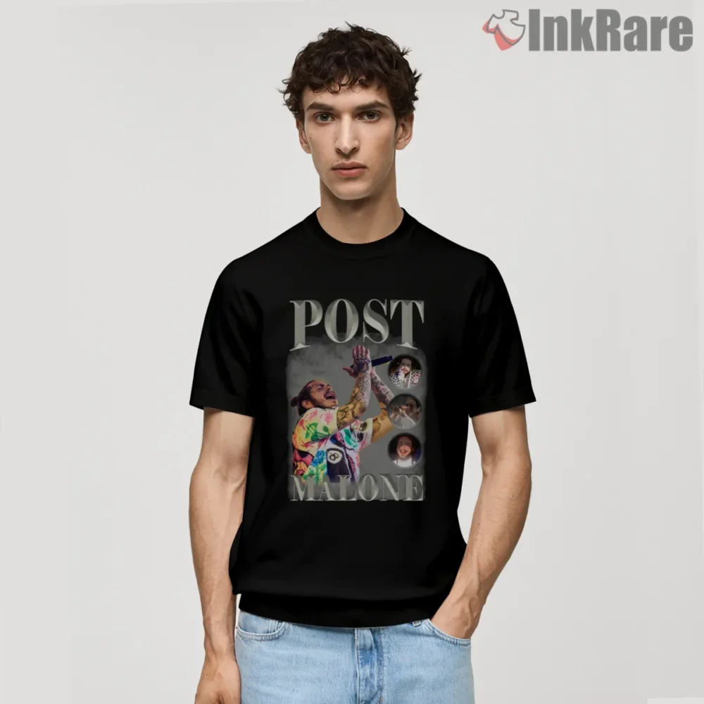 Post Malone Bold Logo Portrait Shirt on black short sleeve shirt for men graphic tee