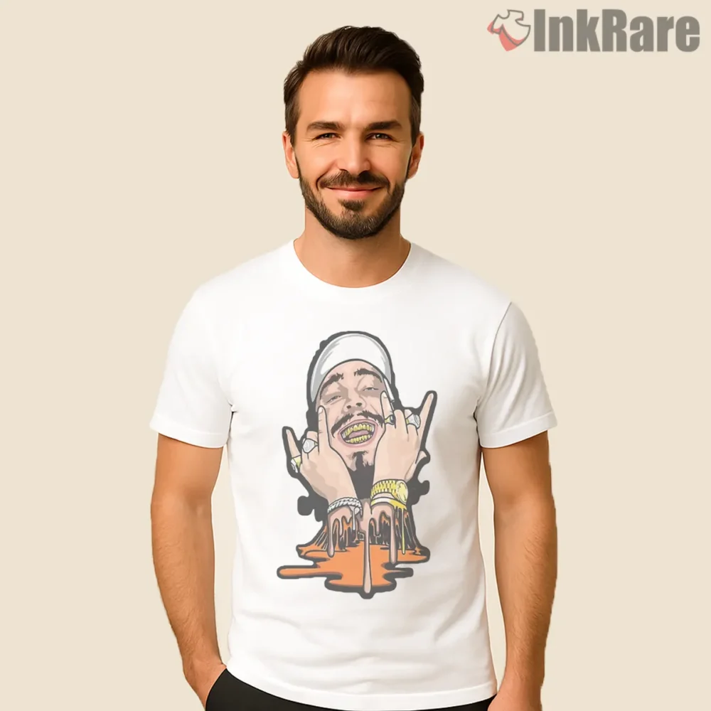 Post Malone Cartoon Double Middle Finger Portrait Shirt on white short sleeve shirt for men graphic tee