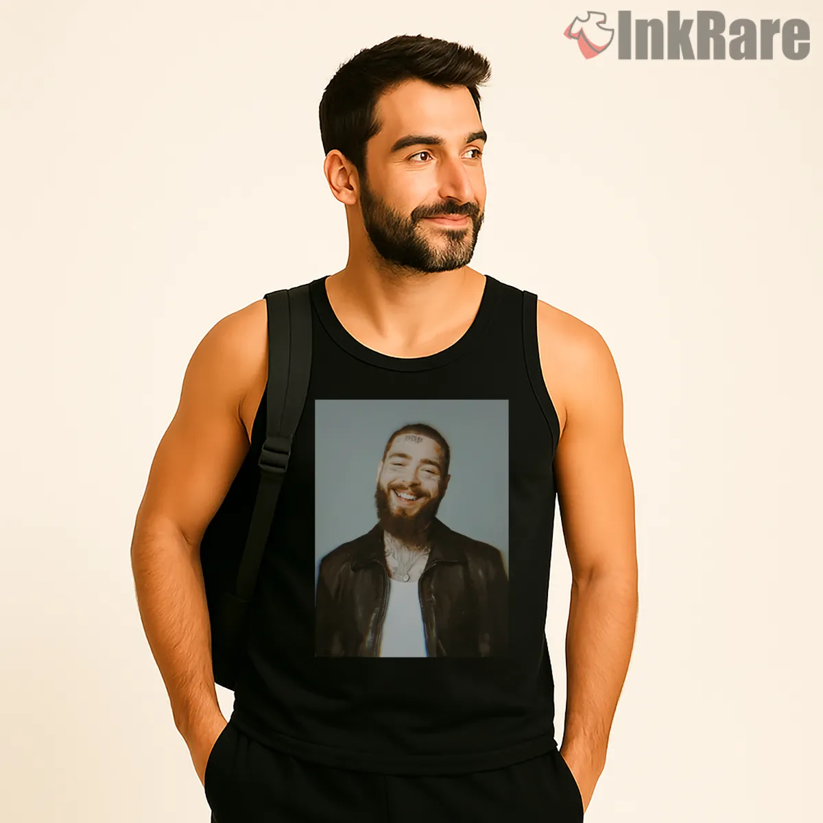 Post Malone Clean Portrait Leather Jacket Tank Top Black Post Malone Clean Portrait Leather Jacket Shirt on black tank top for men graphic tee