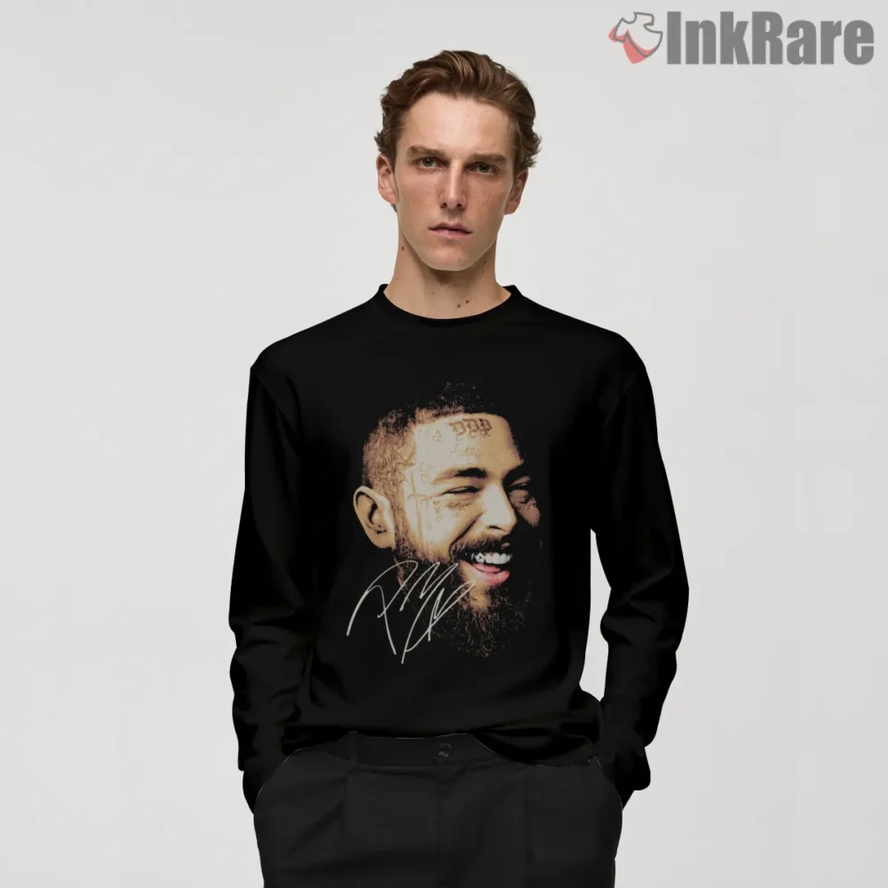 Post Malone Close Up Signature Smile Shirt on black long sleeve shirt for men graphic tee