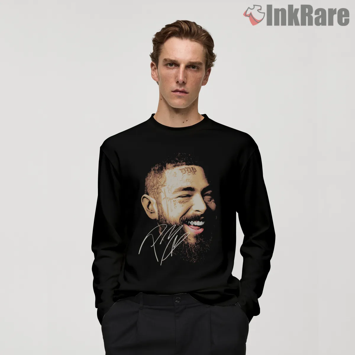 Post Malone Close Up Signature Smile Long Sleeve Black Post Malone Close Up Signature Smile Shirt on black long sleeve shirt for men graphic tee