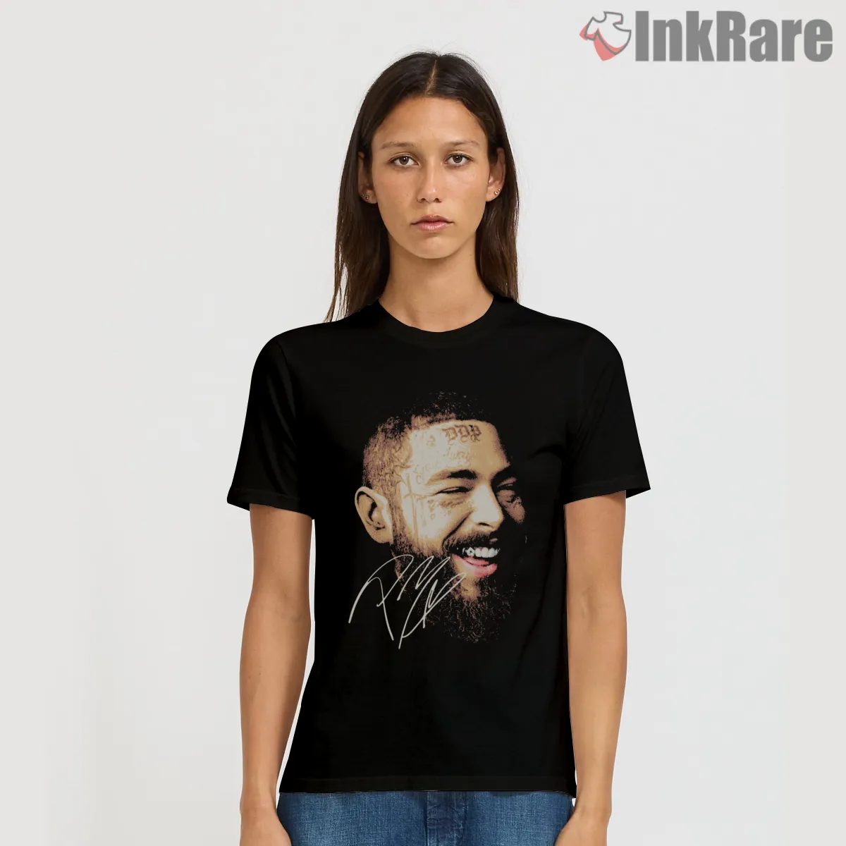 Post Malone Close Up Signature Smile Short Sleeve Black Post Malone Close Up Signature Smile Shirt on black short sleeve shirt for women graphic tee