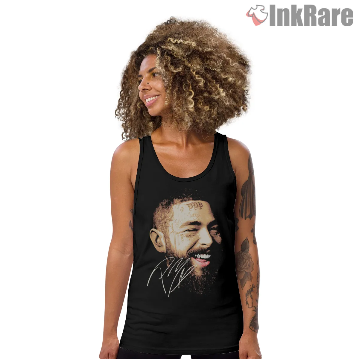 Post Malone Close Up Signature Smile Tank Top Black Post Malone Close Up Signature Smile Shirt on black tank top for women graphic tee