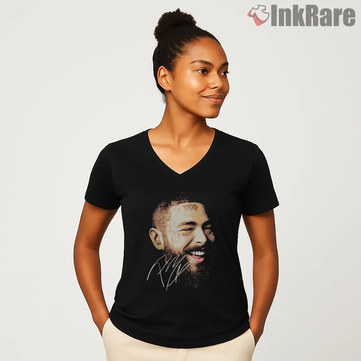 Post Malone Close Up Signature Smile V Neck Black Post Malone Close Up Signature Smile Shirt on black v-neck shirt for women graphic tee