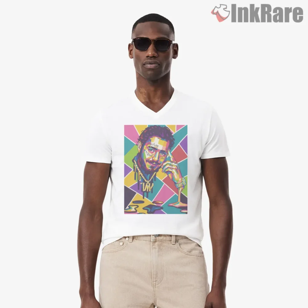 Post Malone Color Block Pop Art Portrait Shirt on white v-neck shirt for men graphic tee