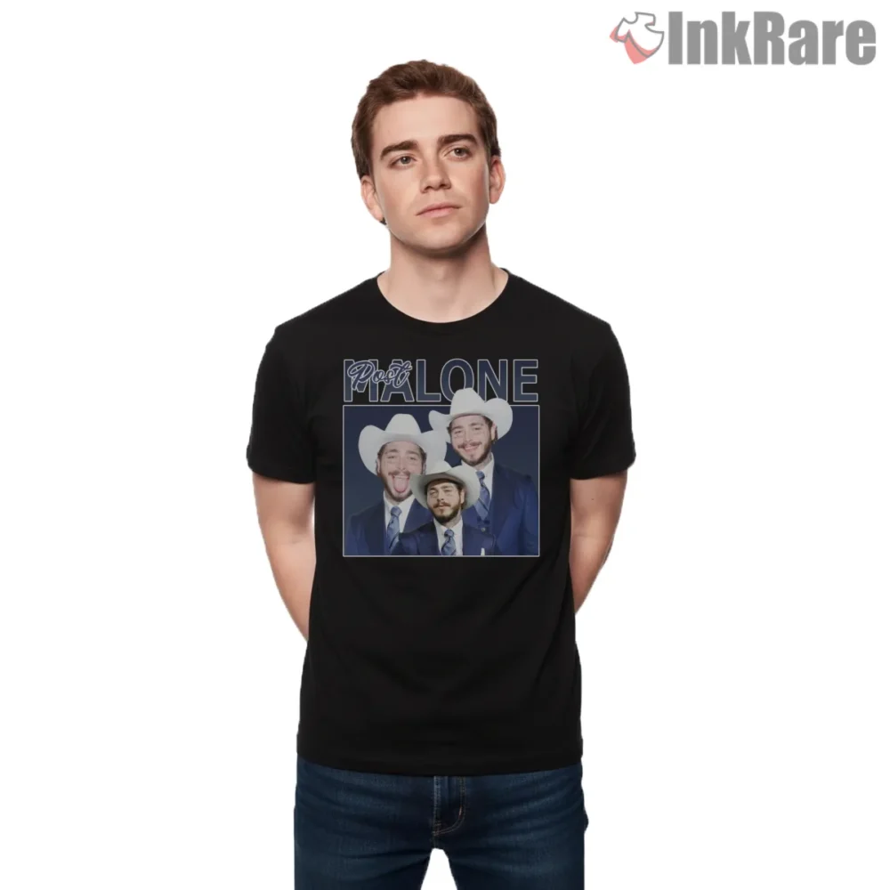 Post Malone Cowboy Suit 80s Rap Trio Shirt on black short sleeve shirt for men graphic tee