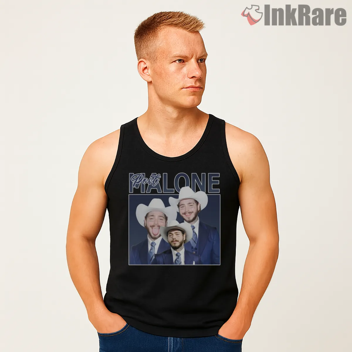 Post Malone Cowboy Suit 80s Rap Trio Tank Top Black Post Malone Cowboy Suit 80s Rap Trio Shirt on black tank top for men graphic tee