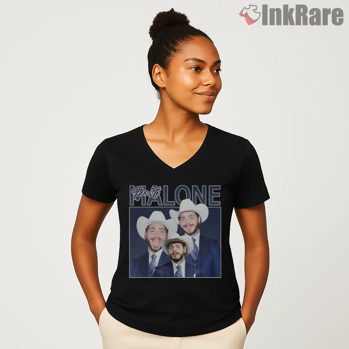 Post Malone Cowboy Suit 80s Rap Trio V Neck Black Post Malone Cowboy Suit 80s Rap Trio Shirt on black v-neck shirt for women graphic tee
