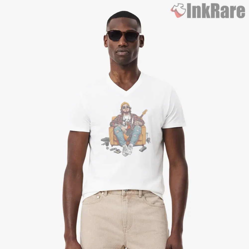 Post Malone Cozy Chair Cartoon Chill Session Shirt on white v-neck shirt for men graphic tee