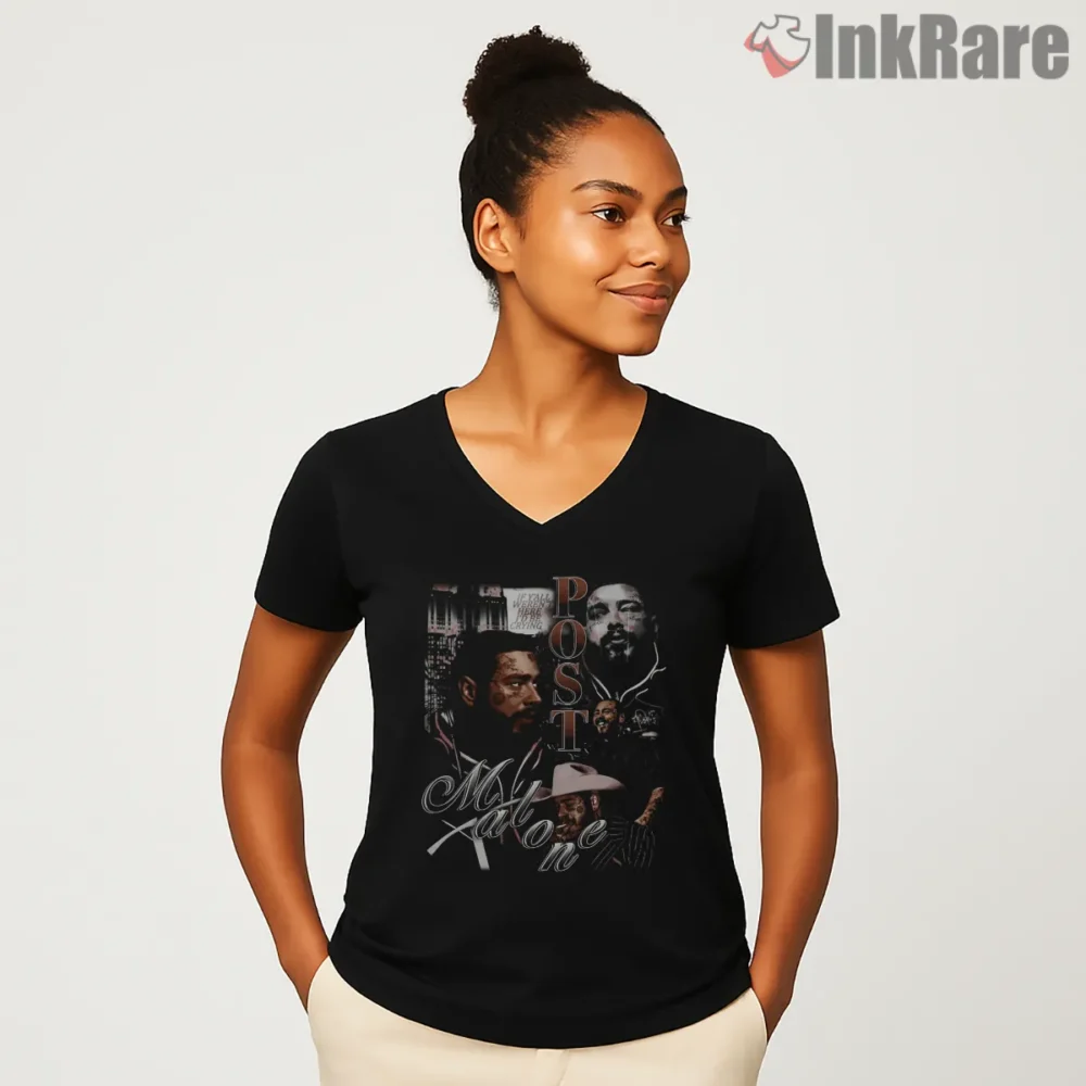 Post Malone Crying Portrait Emotional Art Shirt on black v-neck shirt for women graphic tee