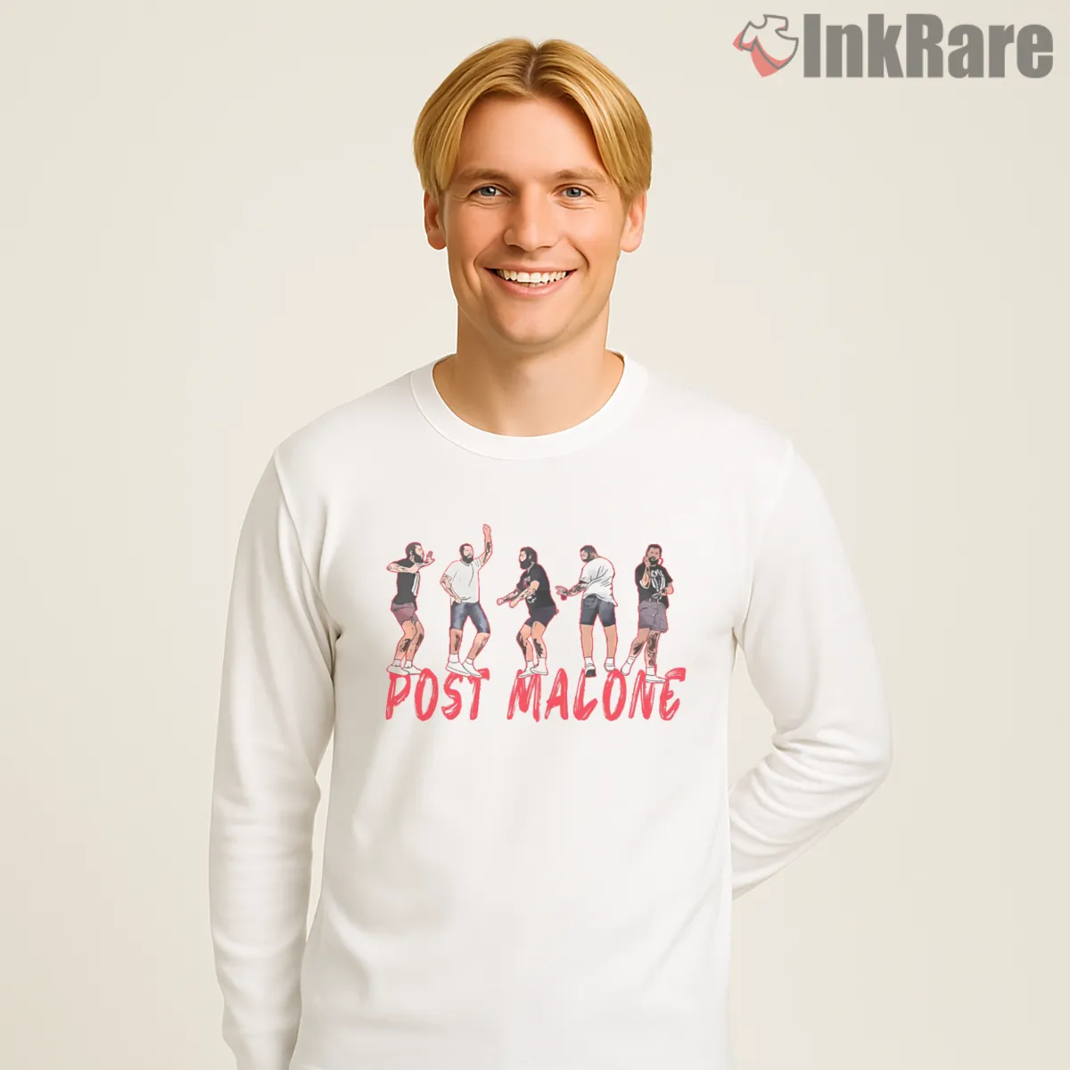 Post Malone Dancing Friends Album Celebration Long Sleeve White Post Malone Dancing Friends Album Celebration Shirt on white long sleeve shirt for men graphic tee