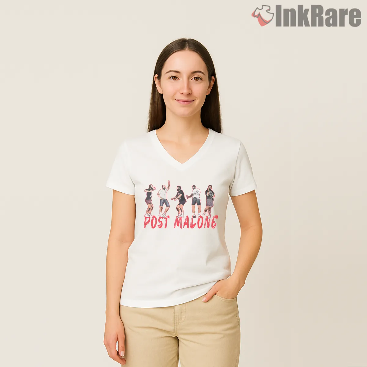 Post Malone Dancing Friends Album Celebration V Neck White Post Malone Dancing Friends Album Celebration Shirt on white v-neck shirt for women graphic tee