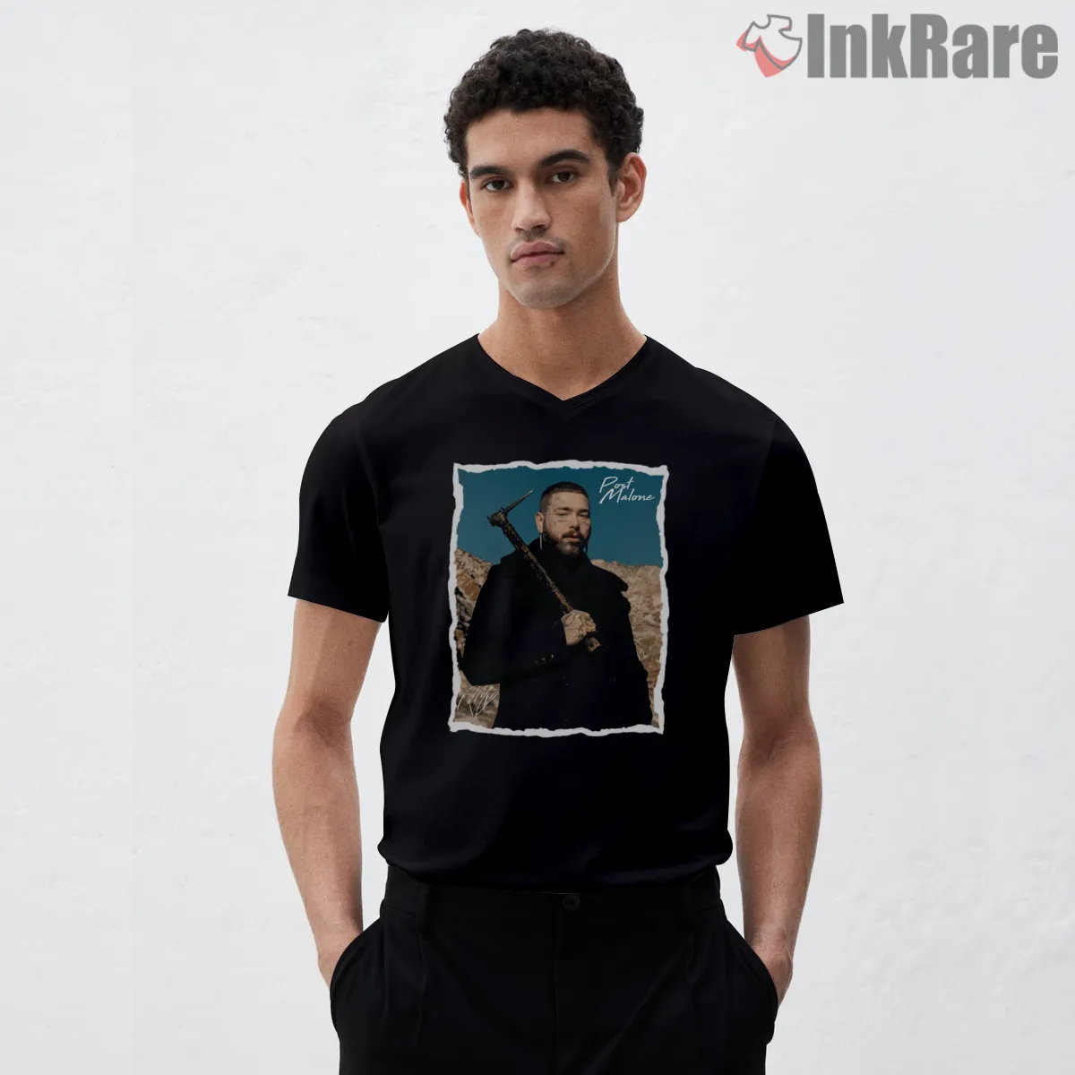 Post Malone Dark Coat Live Tour Poster V Neck Black Post Malone Dark Coat Live Tour Poster Shirt on black v-neck shirt for men graphic tee
