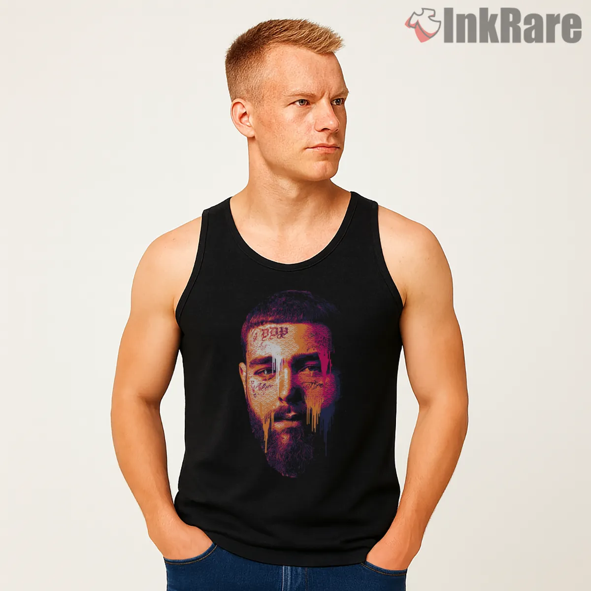 Post Malone Double Exposure Neon Portrait Tank Top Black Post Malone Double Exposure Neon Portrait Shirt on black tank top for men graphic tee