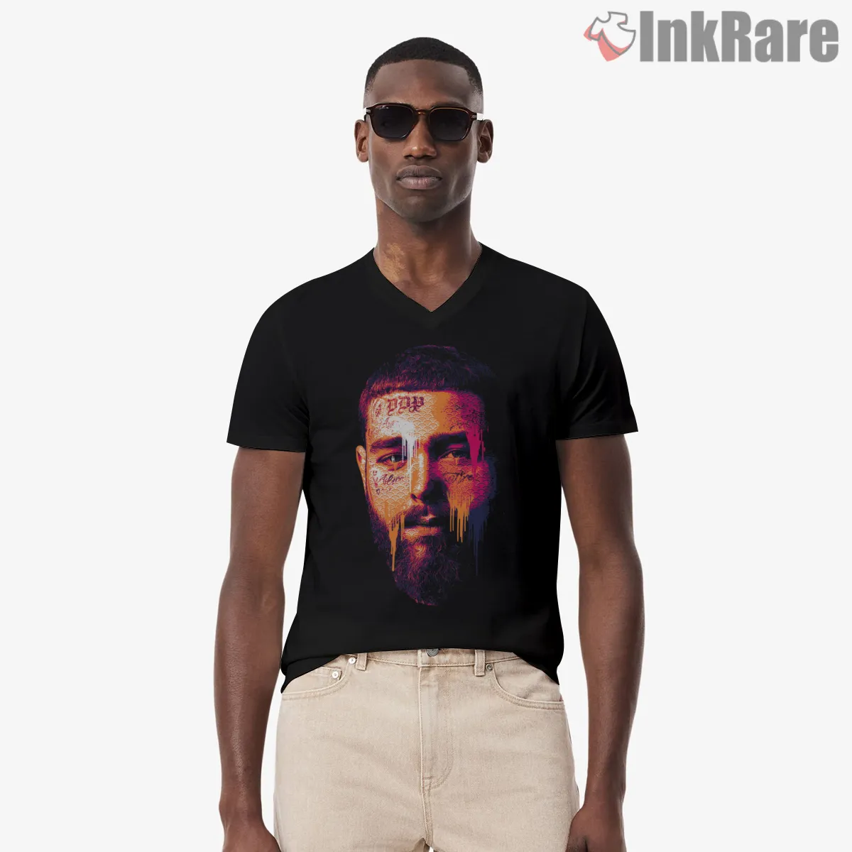 Post Malone Double Exposure Neon Portrait V Neck Black Post Malone Double Exposure Neon Portrait Shirt on black v-neck shirt for men graphic tee