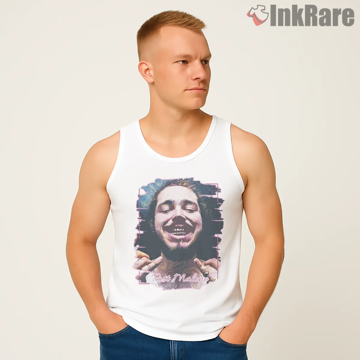 Post Malone Dreamy Pastel Portrait Smile Tank Top White Post Malone Dreamy Pastel Portrait Smile Shirt on white tank top for men graphic tee