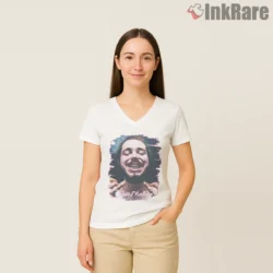 Post Malone Dreamy Pastel Portrait Smile Shirt on white v-neck shirt for women graphic tee