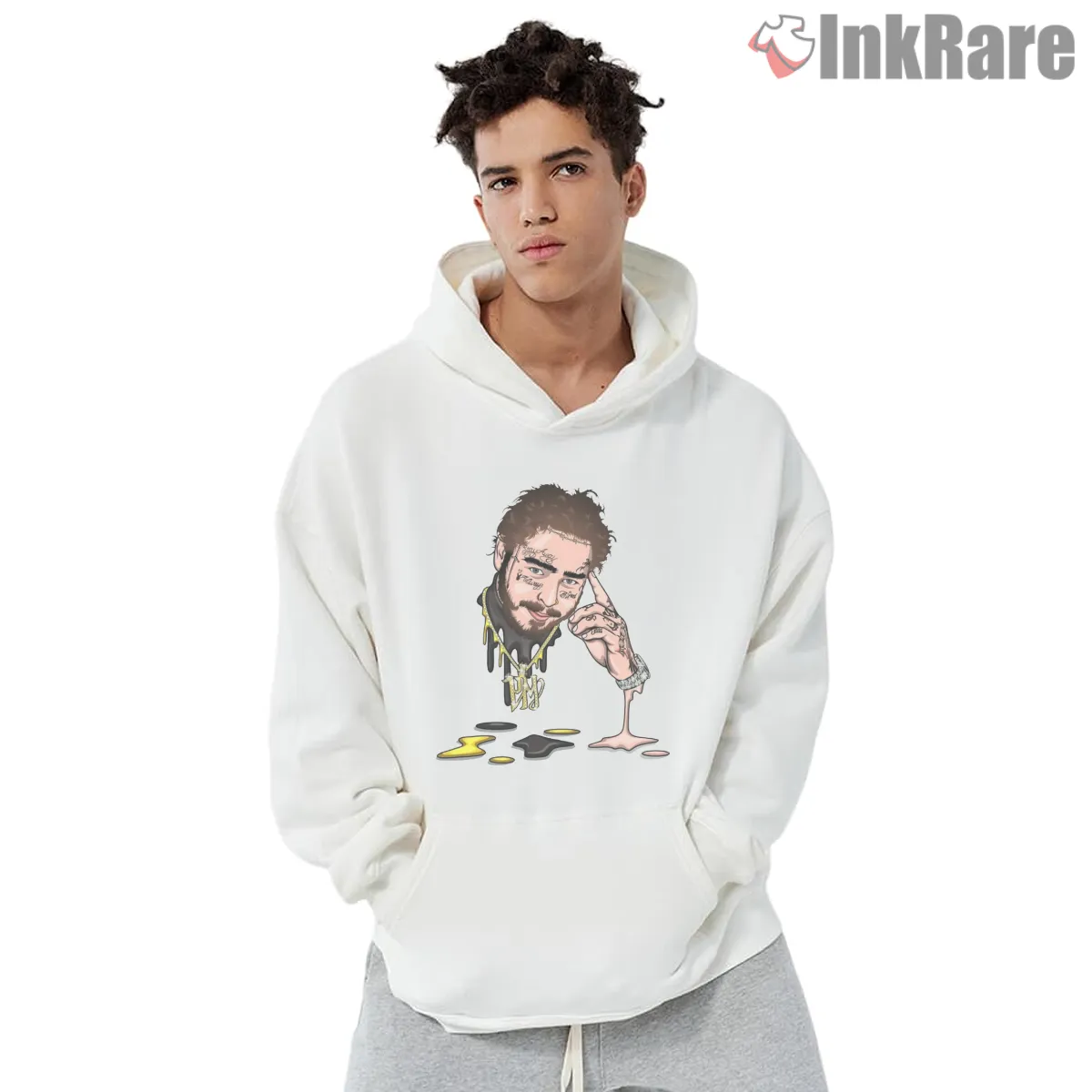 Post Malone Dripping Ink Cartoon Portrait Hoodie White Post Malone Dripping Ink Cartoon Portrait Shirt on white hoodie for men graphic tee