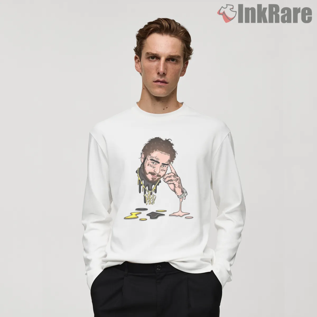 Post Malone Dripping Ink Cartoon Portrait Long Sleeve White Post Malone Dripping Ink Cartoon Portrait Shirt on white long sleeve shirt for men graphic tee