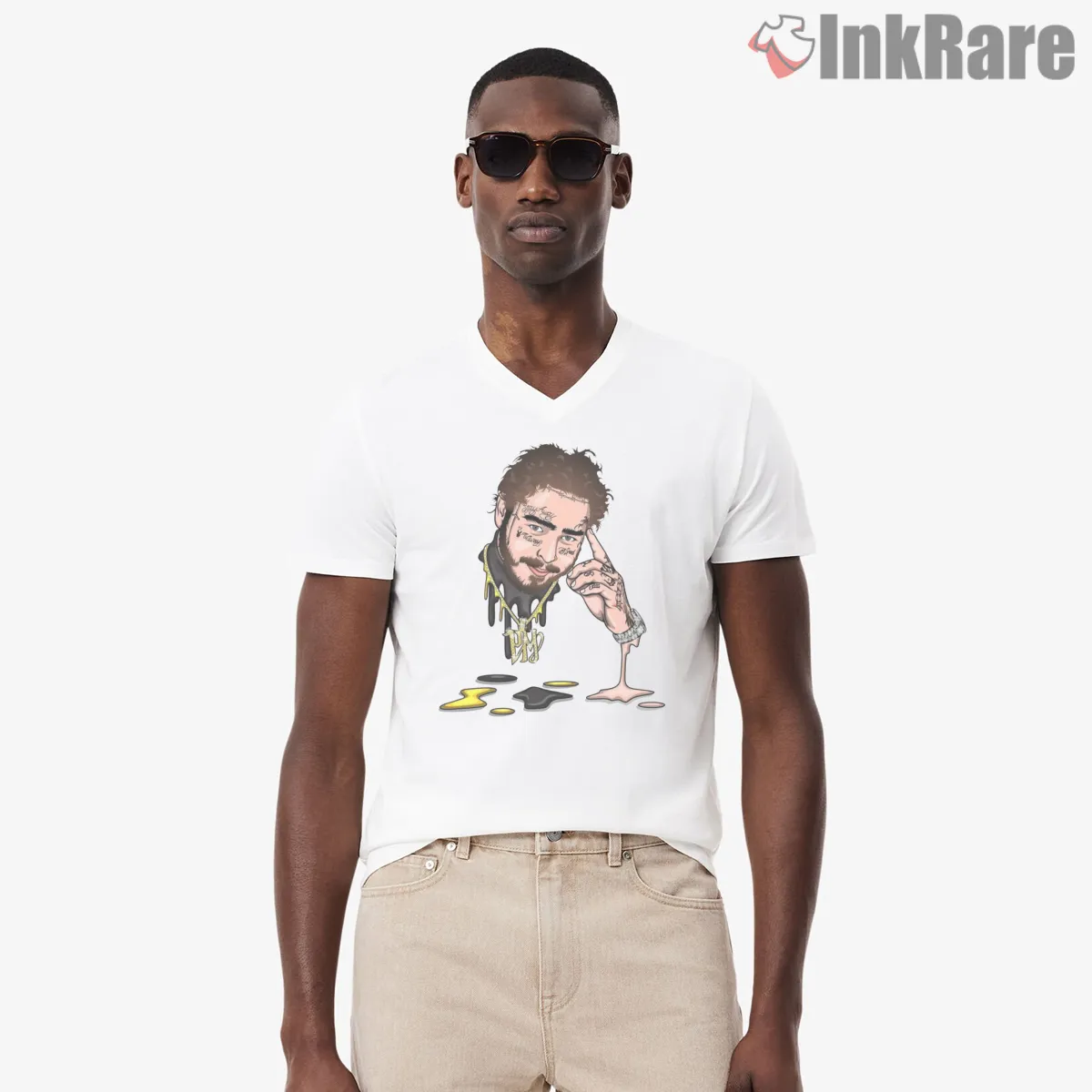 Post Malone Dripping Ink Cartoon Portrait V Neck White Post Malone Dripping Ink Cartoon Portrait Shirt on white v-neck shirt for men graphic tee