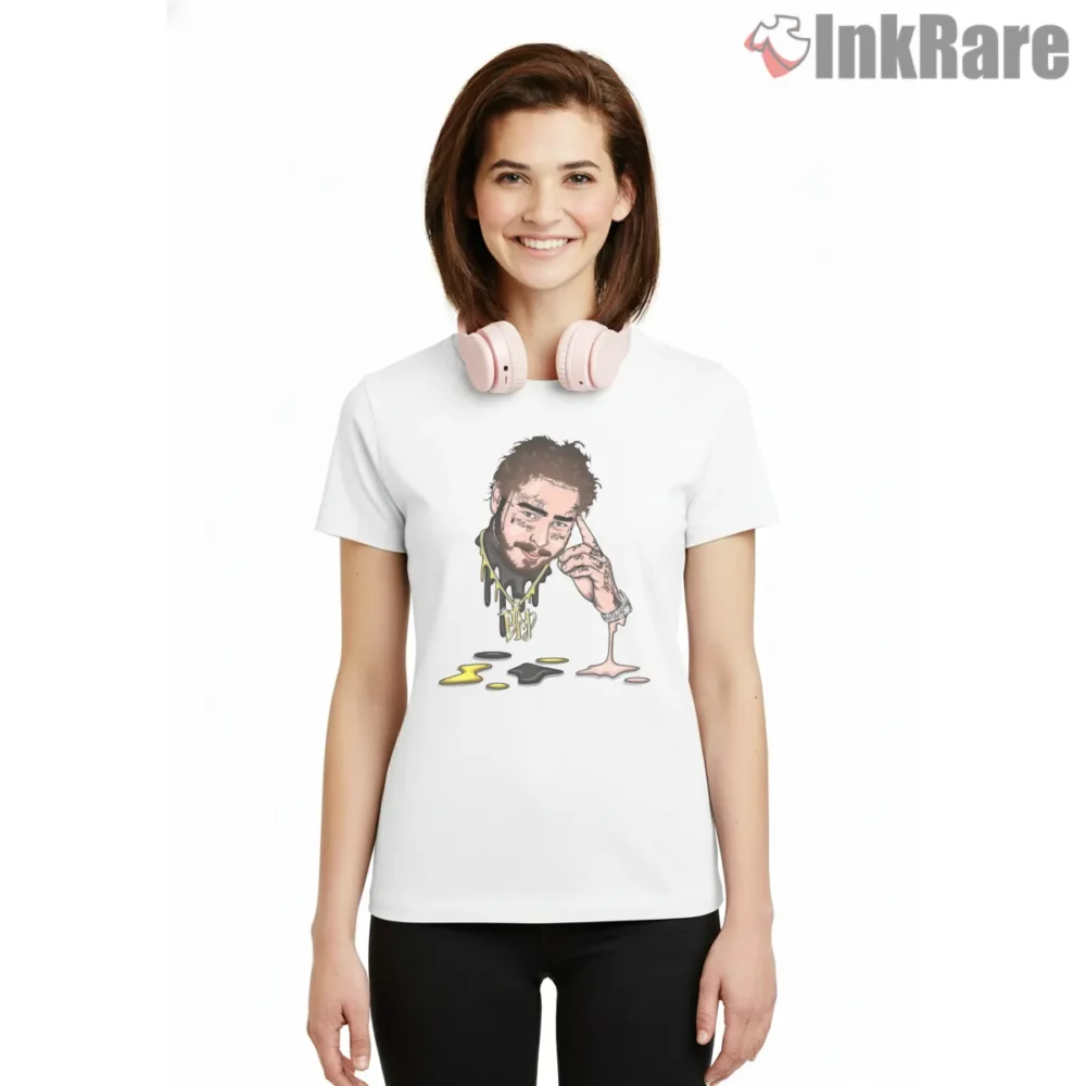 Post Malone Dripping Ink Cartoon Portrait Shirt on white short sleeve shirt for women graphic tee
