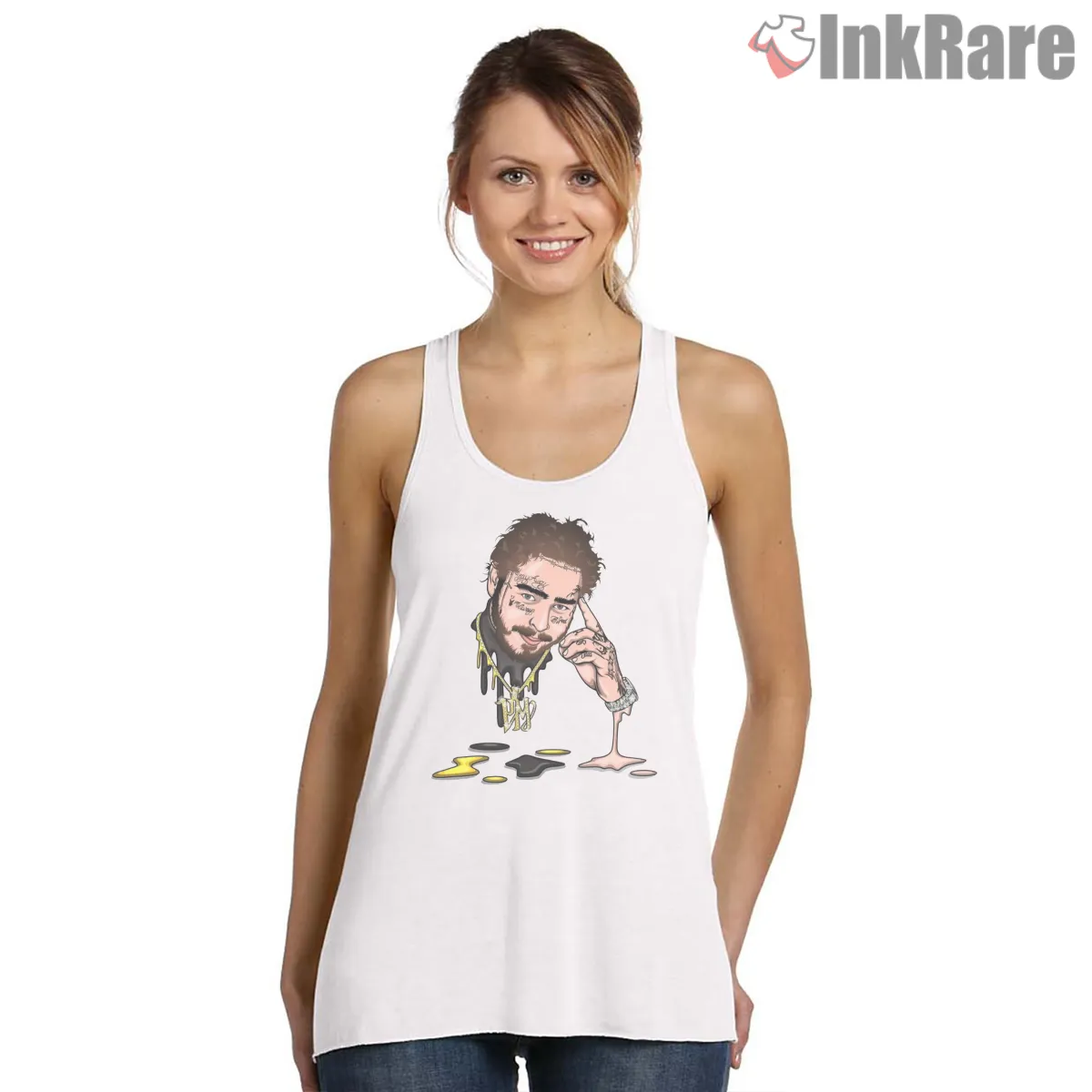 Post Malone Dripping Ink Cartoon Portrait Tank Top White Post Malone Dripping Ink Cartoon Portrait Shirt on white tank top for women graphic tee