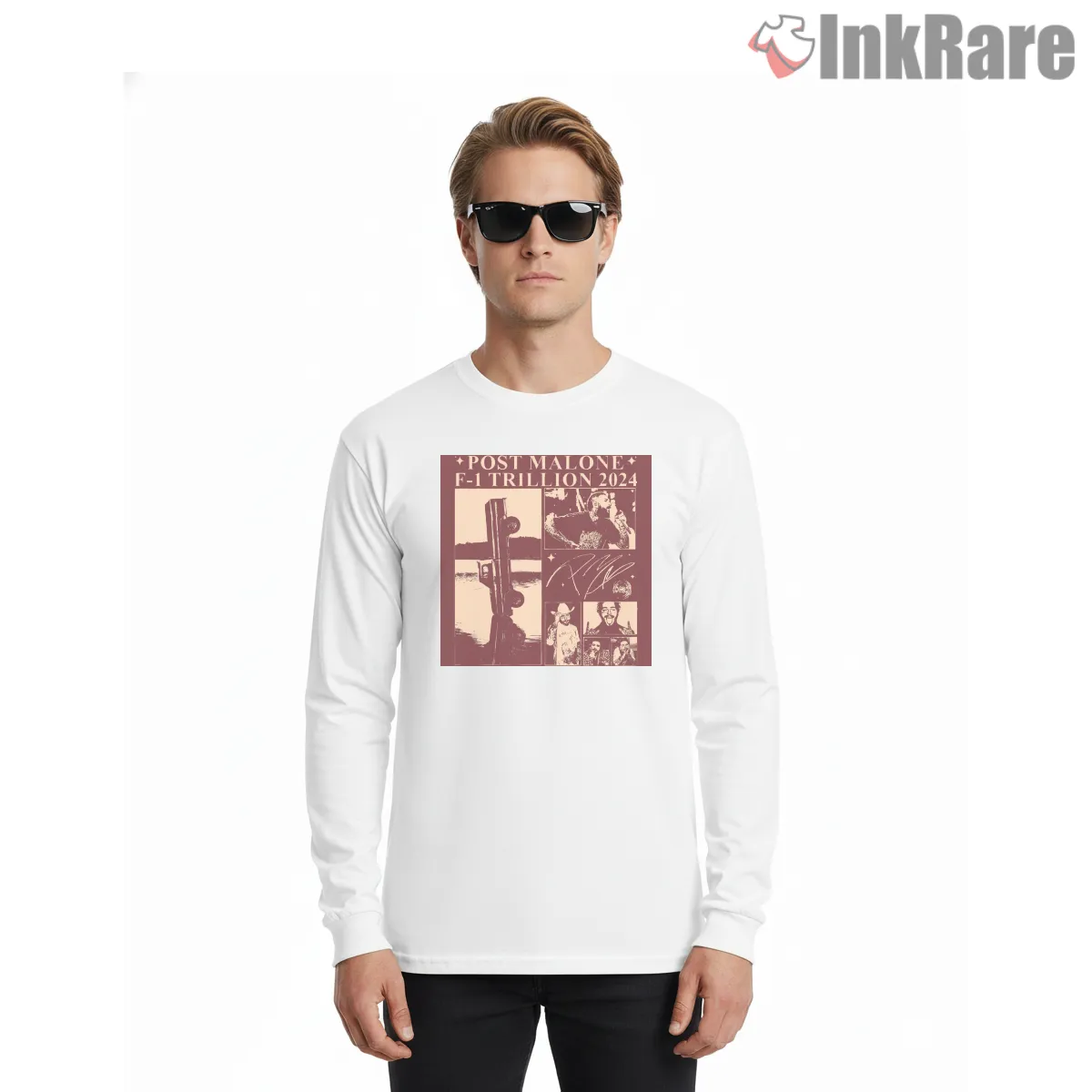 Post Malone F1 Trillion 2024 Vintage Album Art Long Sleeve White Post Malone F1 Trillion 2024 Vintage Album Art Shirt on white long sleeve shirt for men graphic tee
