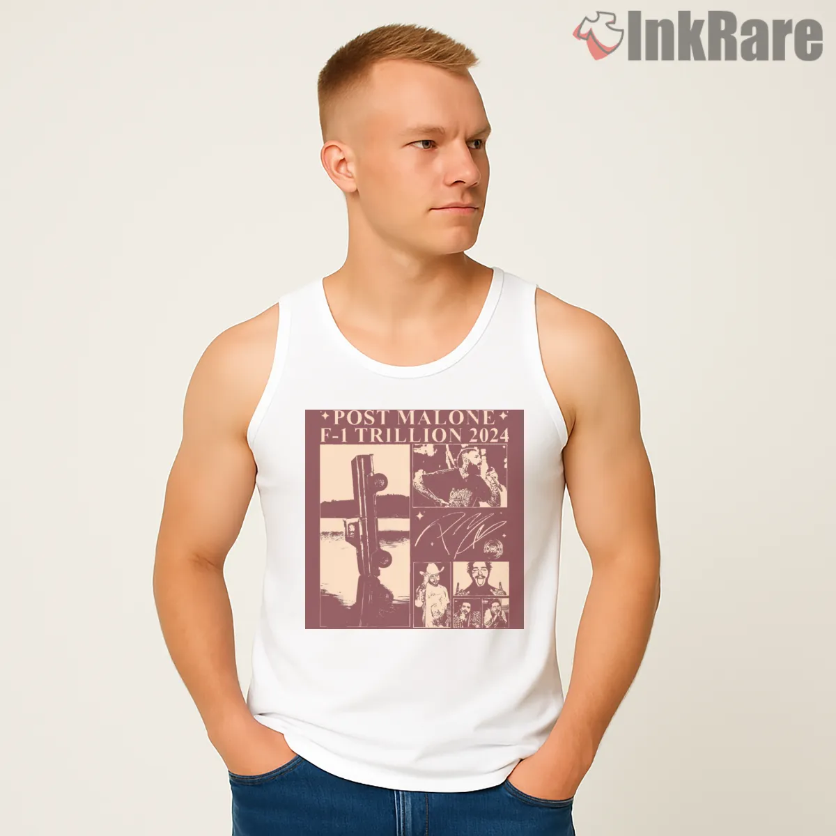Post Malone F1 Trillion 2024 Vintage Album Art Tank Top White Post Malone F1 Trillion 2024 Vintage Album Art Shirt on white tank top for men graphic tee
