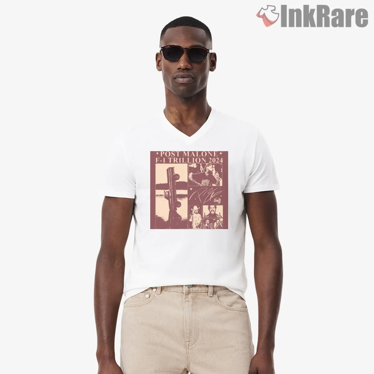Post Malone F1 Trillion 2024 Vintage Album Art V Neck White Post Malone F1 Trillion 2024 Vintage Album Art Shirt on white v-neck shirt for men graphic tee
