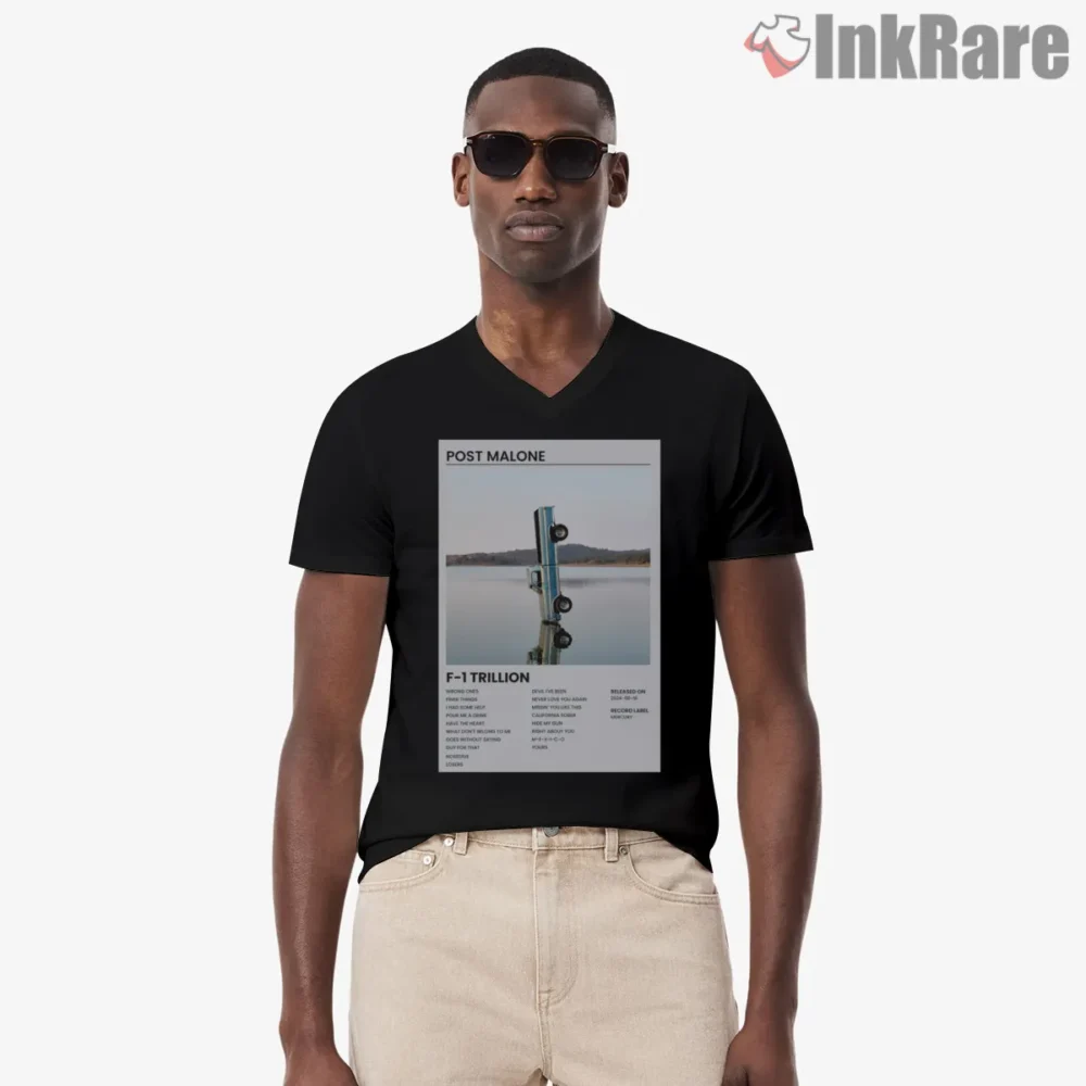 Post Malone F1 Trillion Album Tracklist Shirt on black v-neck shirt for men graphic tee