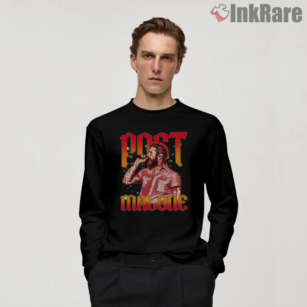 Post Malone Fiery Stage Portrait Shirt on black long sleeve shirt for men graphic tee