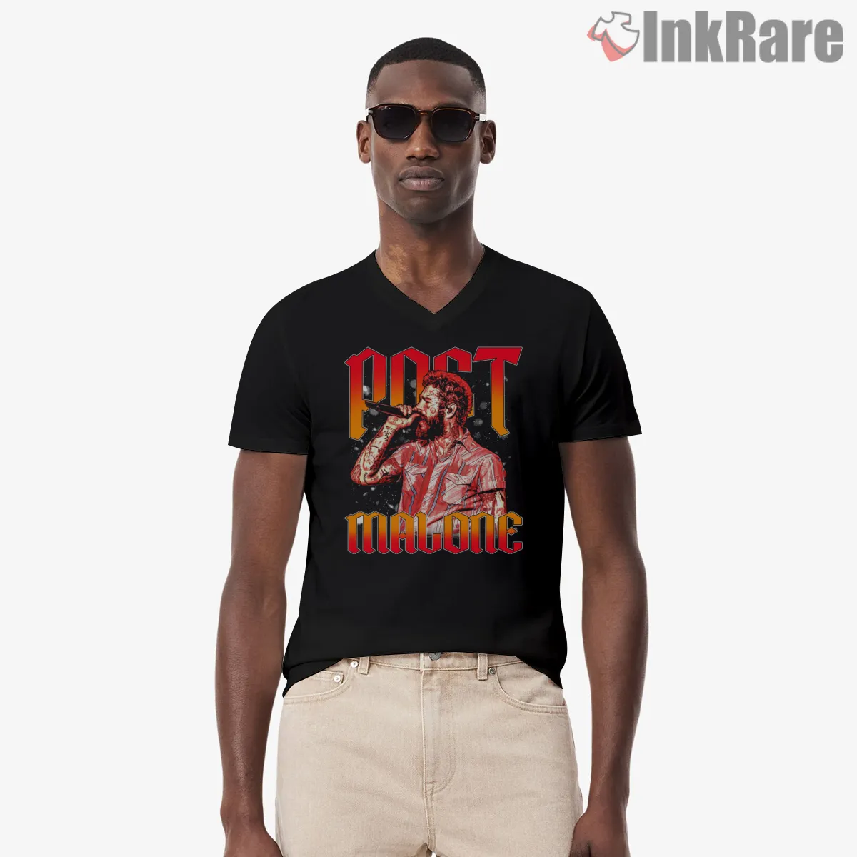Post Malone Fiery Stage Portrait V Neck Black Post Malone Fiery Stage Portrait Shirt on black v-neck shirt for men graphic tee