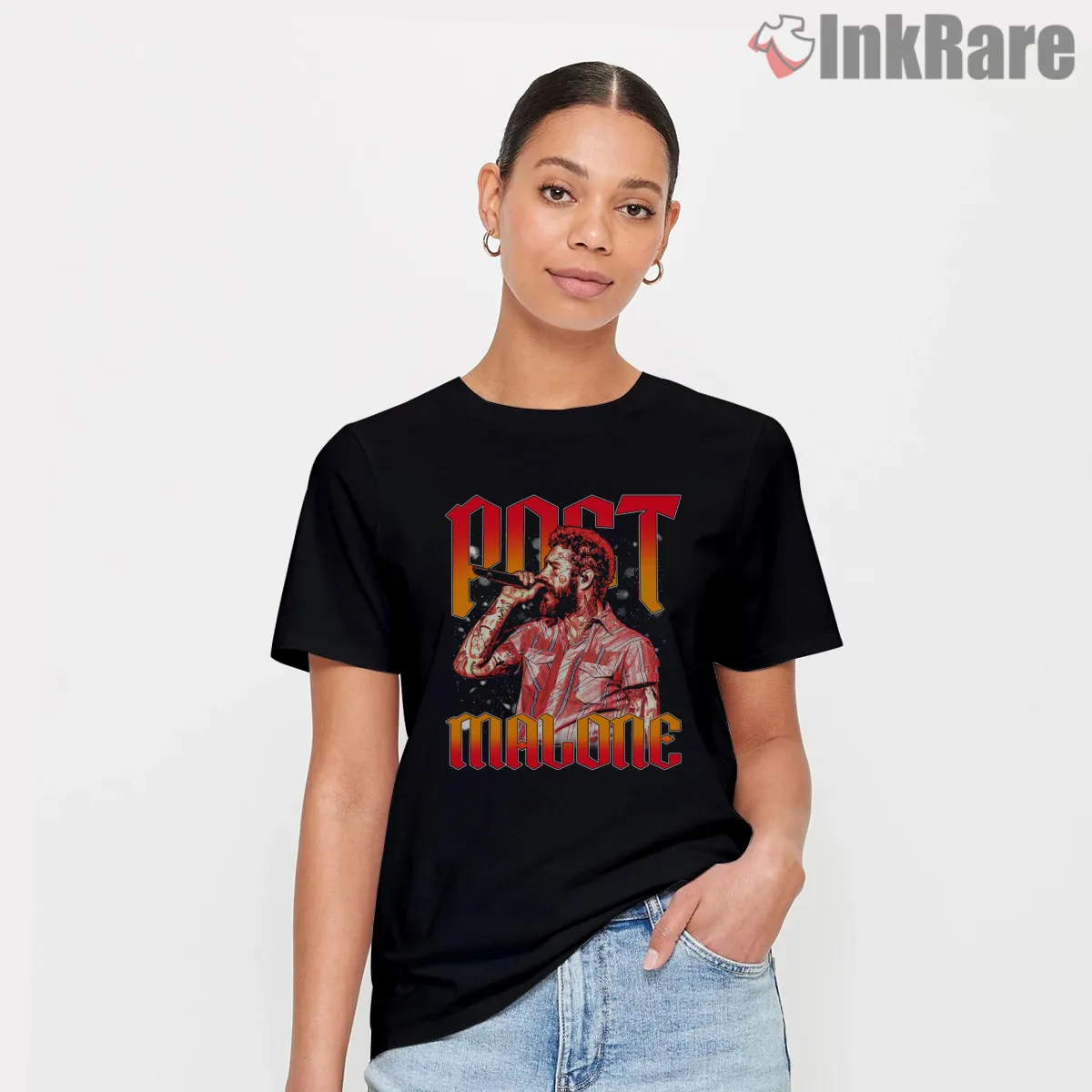 Post Malone Fiery Stage Portrait Short Sleeve Black Post Malone Fiery Stage Portrait Shirt on black short sleeve shirt for women graphic tee