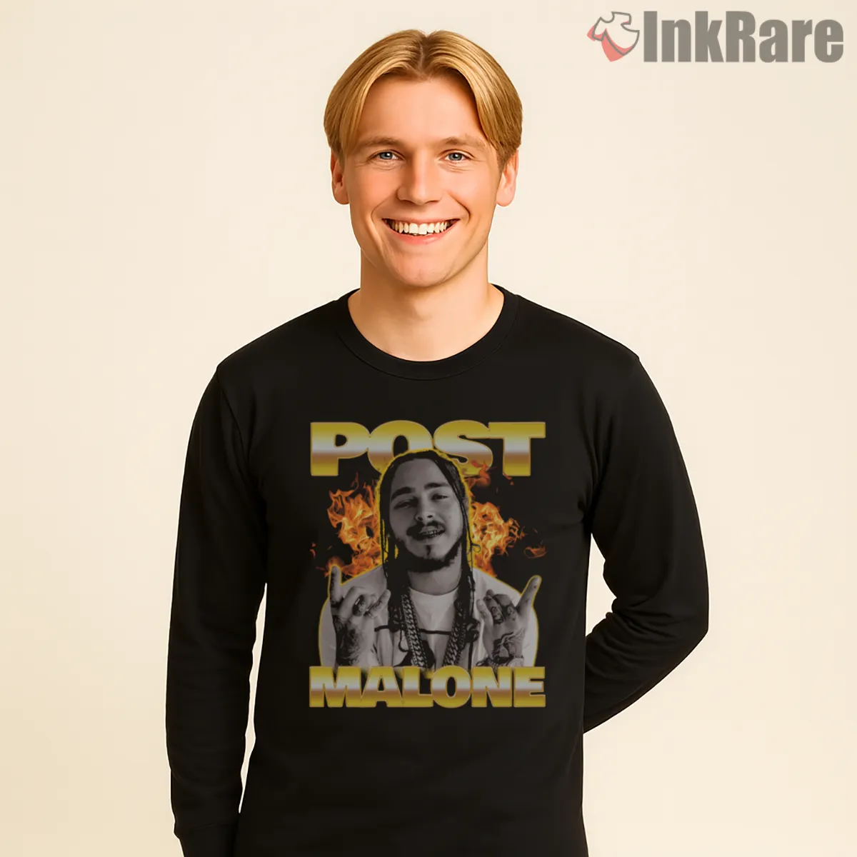 Post Malone Flame Aura Portrait Streetwear Long Sleeve Black Post Malone Flame Aura Portrait Streetwear Shirt on black long sleeve shirt for men graphic tee