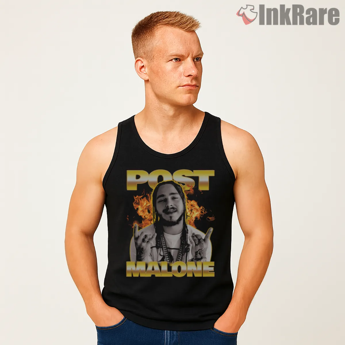 Post Malone Flame Aura Portrait Streetwear Tank Top Black Post Malone Flame Aura Portrait Streetwear Shirt on black tank top for men graphic tee