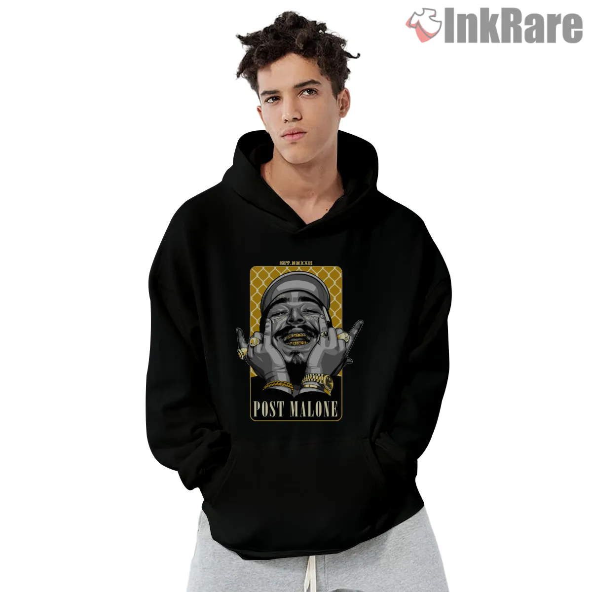 Post Malone Gold Grill Happy Portrait Hoodie Black Post Malone Gold Grill Happy Portrait Shirt on black hoodie for men graphic tee