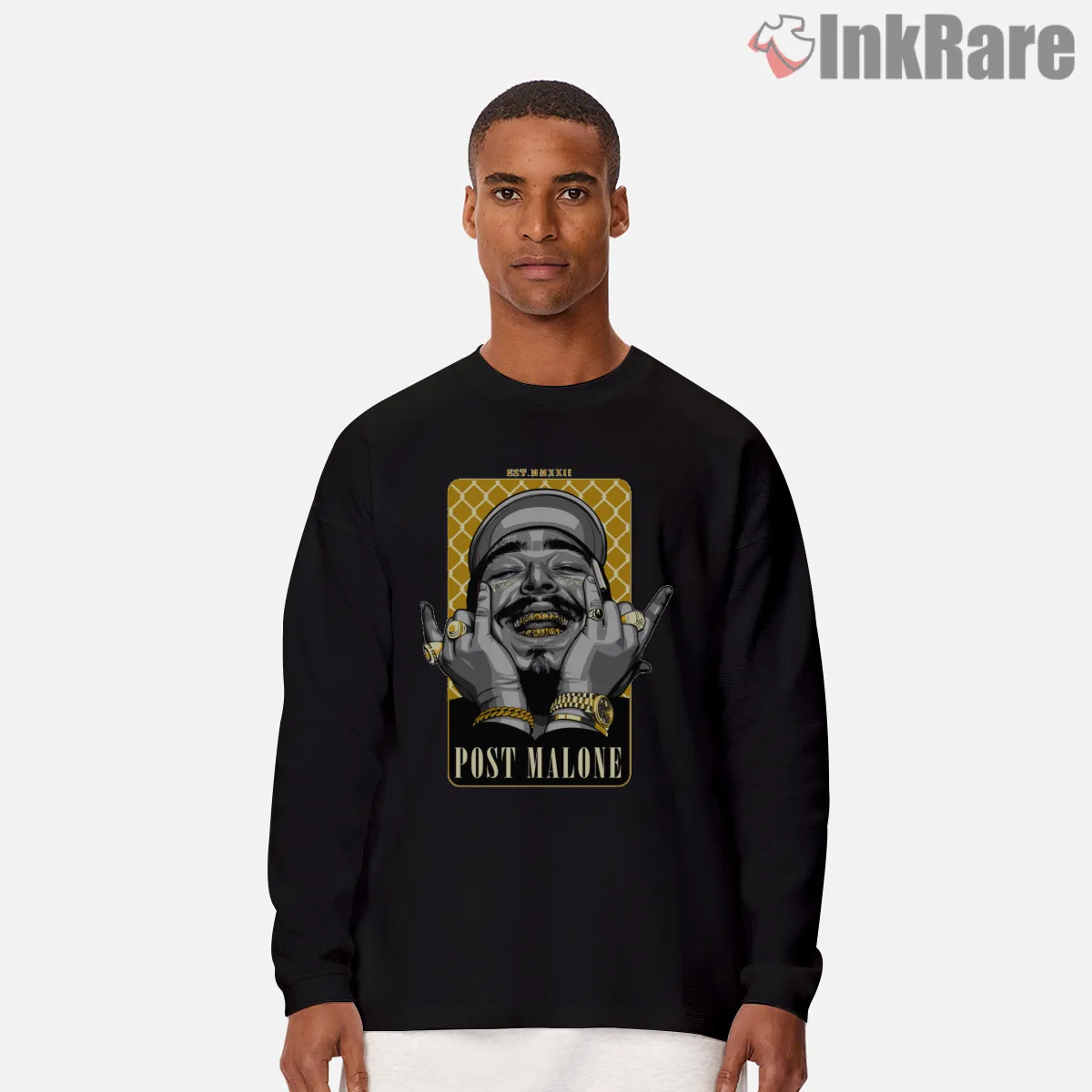 Post Malone Gold Grill Happy Portrait Long Sleeve Black Post Malone Gold Grill Happy Portrait Shirt on black long sleeve shirt for men graphic tee