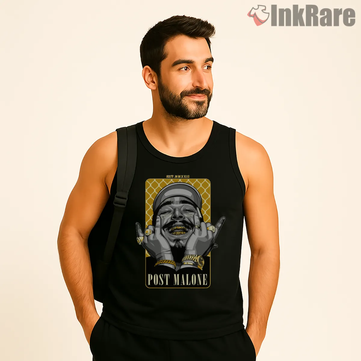 Post Malone Gold Grill Happy Portrait Tank Top Black Post Malone Gold Grill Happy Portrait Shirt on black tank top for men graphic tee