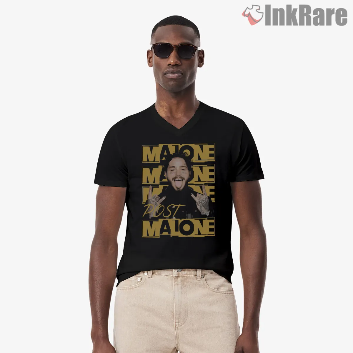 Post Malone Gold Letter Repeat V Neck Black Post Malone Gold Letter Repeat Shirt on black v-neck shirt for men graphic tee