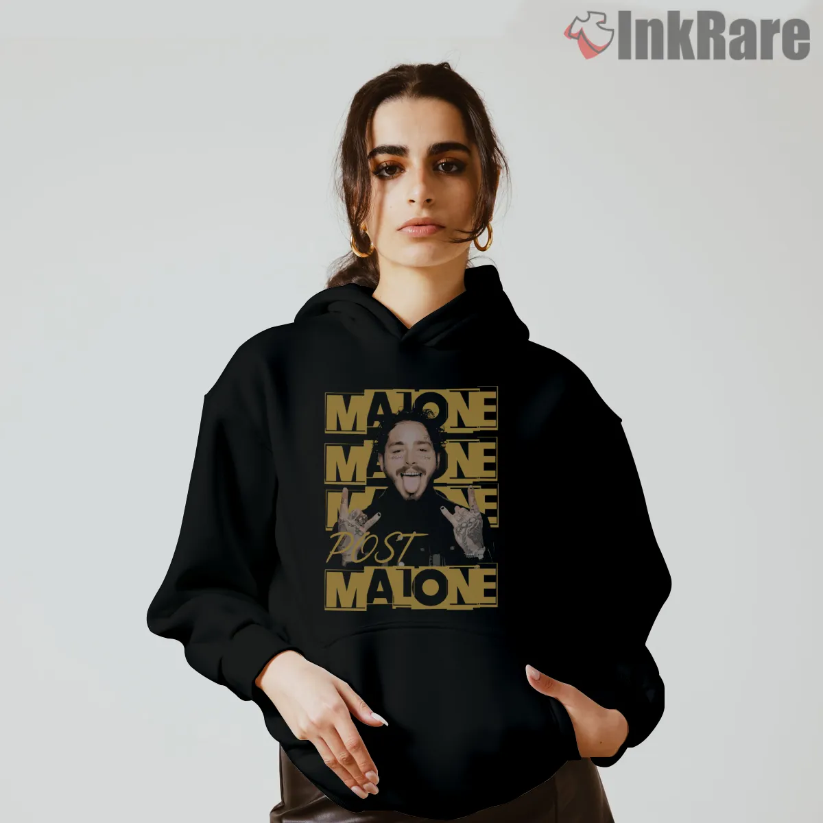 Post Malone Gold Letter Repeat Hoodie Black Post Malone Gold Letter Repeat Shirt on black hoodie for women graphic tee