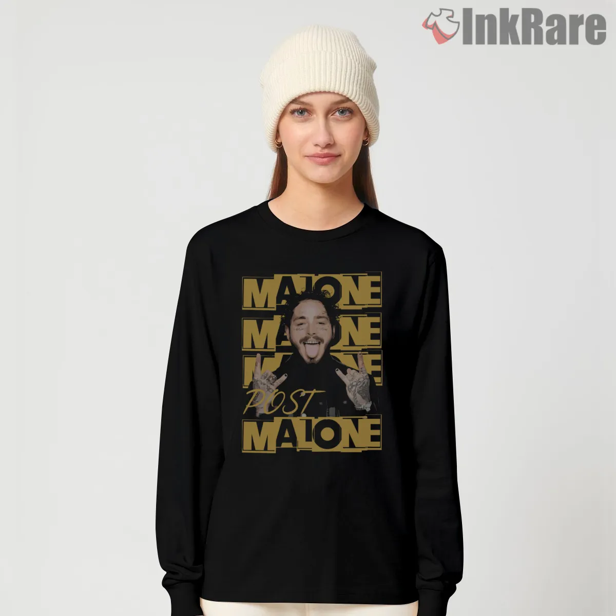 Post Malone Gold Letter Repeat Long Sleeve Black Post Malone Gold Letter Repeat Shirt on black long sleeve shirt for women graphic tee